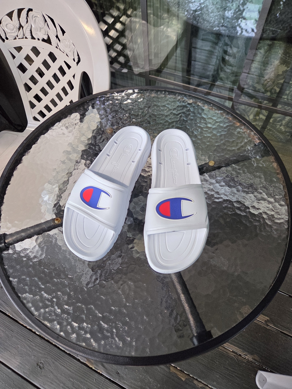 Champion White Slide Sandals with Blue & Red Logo for Men Size 10